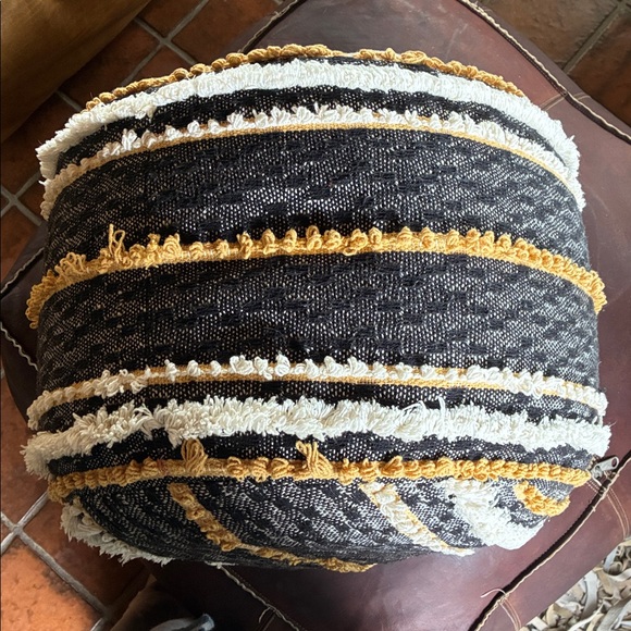 Big Pouf Navy/Black Gold and White Nubby Striped Upholstery Light Weight Design - Picture 10 of 12